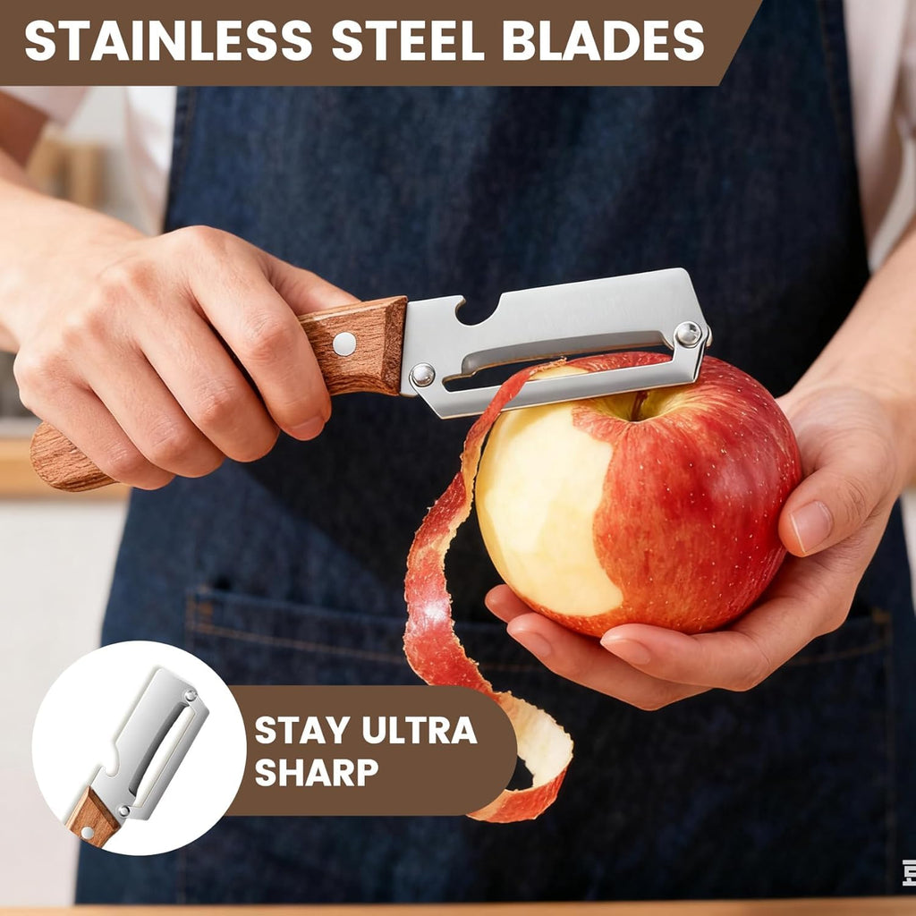Kitchen Peeler with Wooden Handle & Bottle Opener 2-in-1 Design | Sharp Stainless Steel Blade | Comfortable Grip