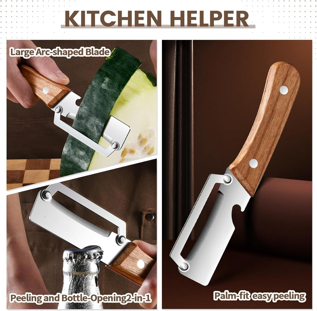 Kitchen Peeler with Wooden Handle & Bottle Opener 2-in-1 Design | Sharp Stainless Steel Blade | Comfortable Grip