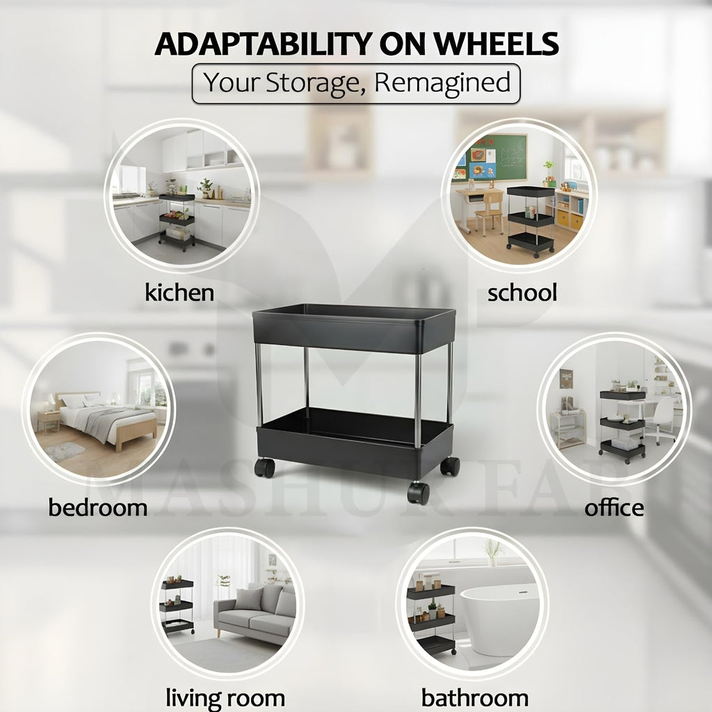 2 Tier Multipurpose Plastic Storage Organizer Slim Rack Shelf with Wheels | Slim Slide Out Kitchen Trolley Rack Holder Storage Organizer for Kitchen, Bathroom (Black)