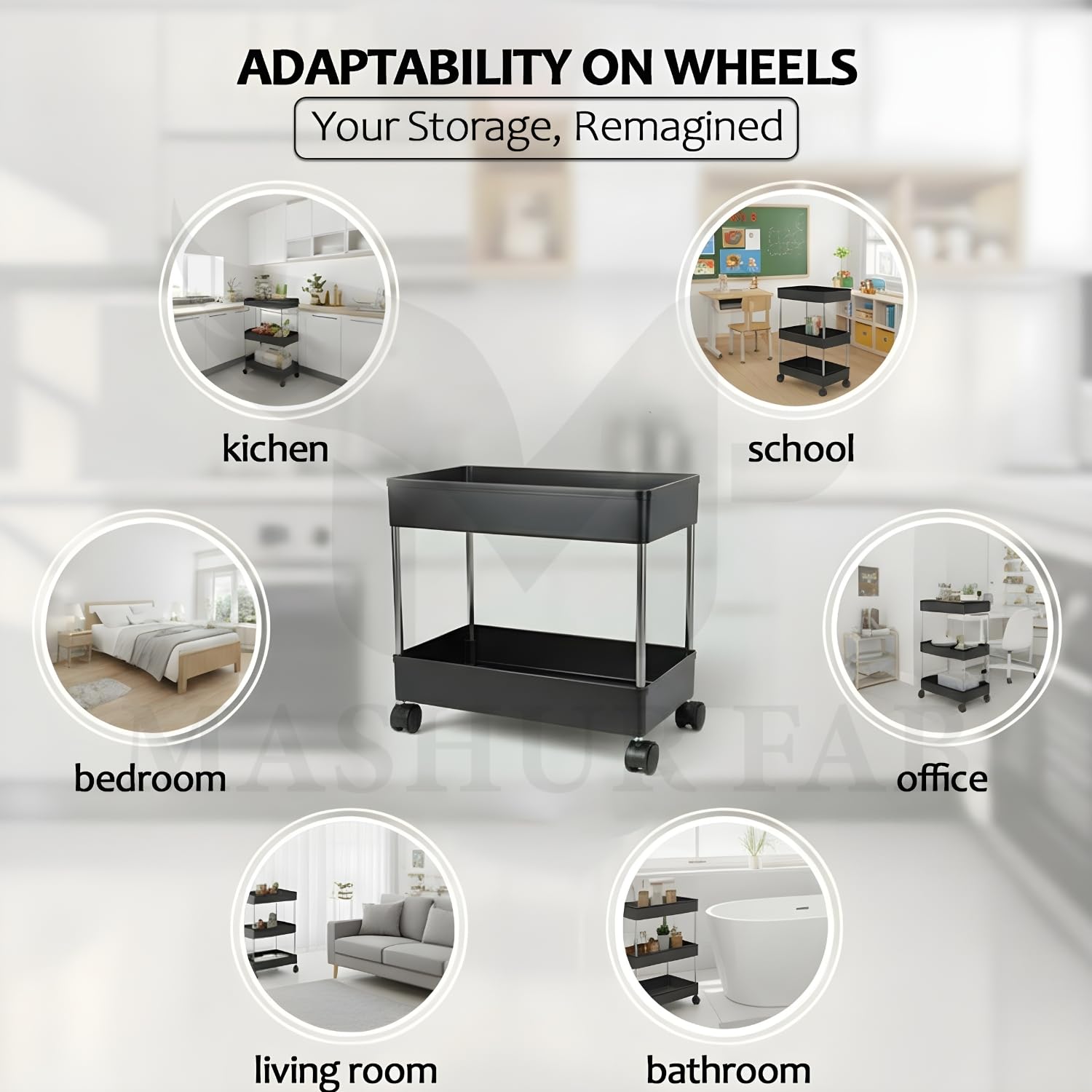 2 Tier Multipurpose Plastic Storage Organizer Slim Rack Shelf with Wheels | Slim Slide Out Kitchen Trolley Rack Holder Storage Organizer for Kitchen, Bathroom (Black)