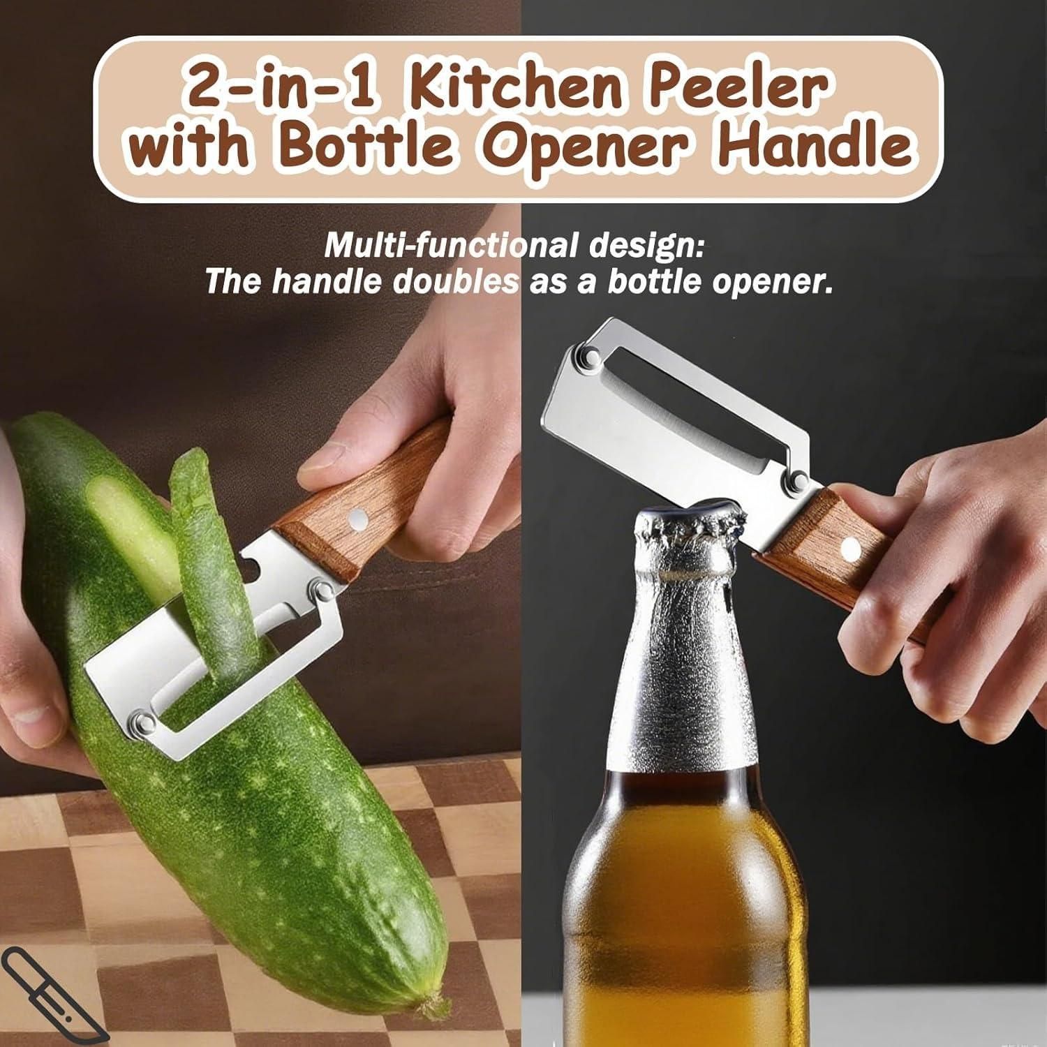 Kitchen Peeler with Wooden Handle & Bottle Opener 2-in-1 Design | Sharp Stainless Steel Blade | Comfortable Grip