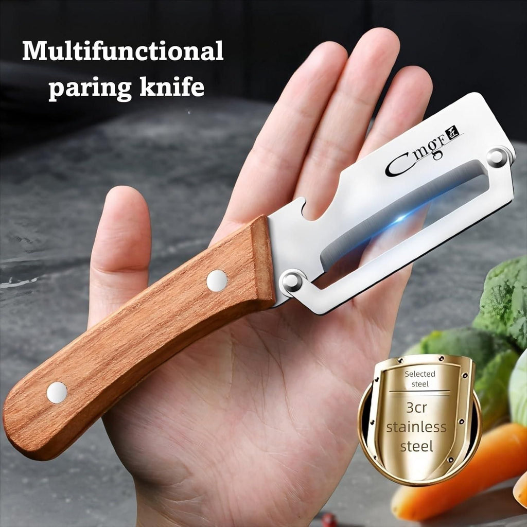 Kitchen Peeler with Wooden Handle & Bottle Opener 2-in-1 Design | Sharp Stainless Steel Blade | Comfortable Grip