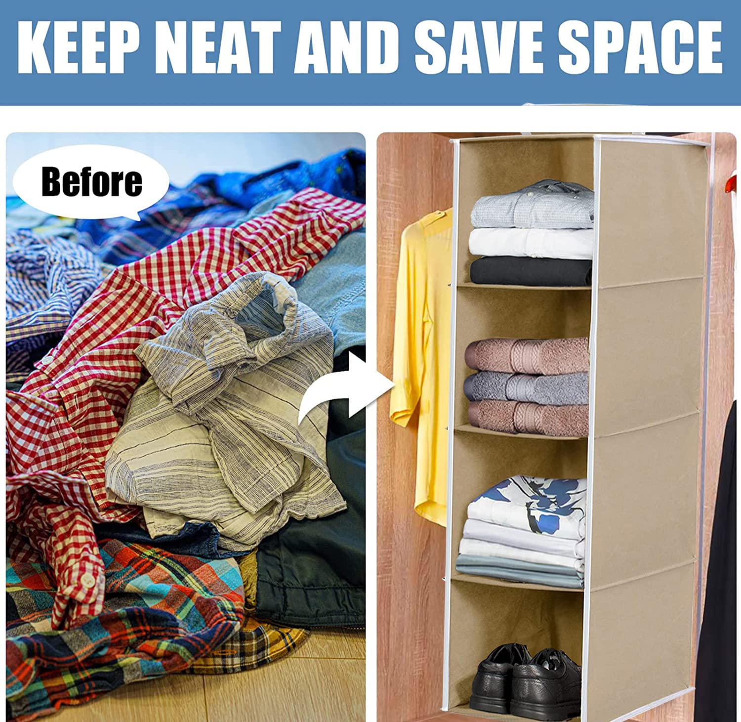 Cloth Organizer - Hanging 4 Shelves Wardrobe Organizer
